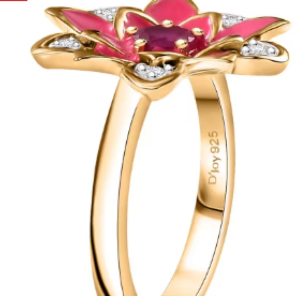 Rare and Unique Niassa Ruby (FF) and White Zircon 0.50 ctw, Enameled Floral Ring - Picture 6 of 6
